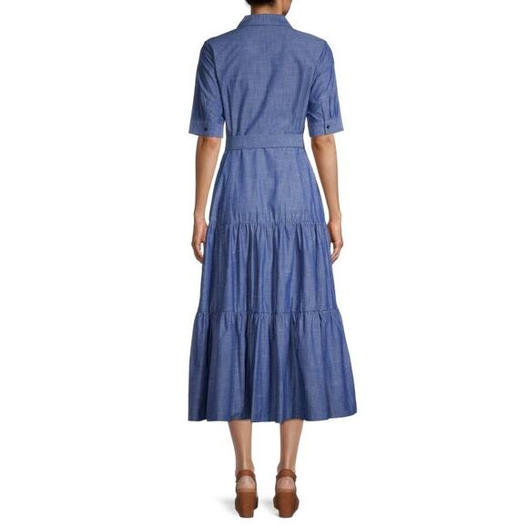 NWOT Calvin Klein Womens 18W Plus Size Blue Belted Tiered Shirt Dress Cotton - Picture 3 of 10